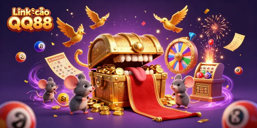 Engage with excitement in the Link vào QQ88 casino experience illustrated by a dynamic treasure chest, lottery elements, and celebratory effects.
