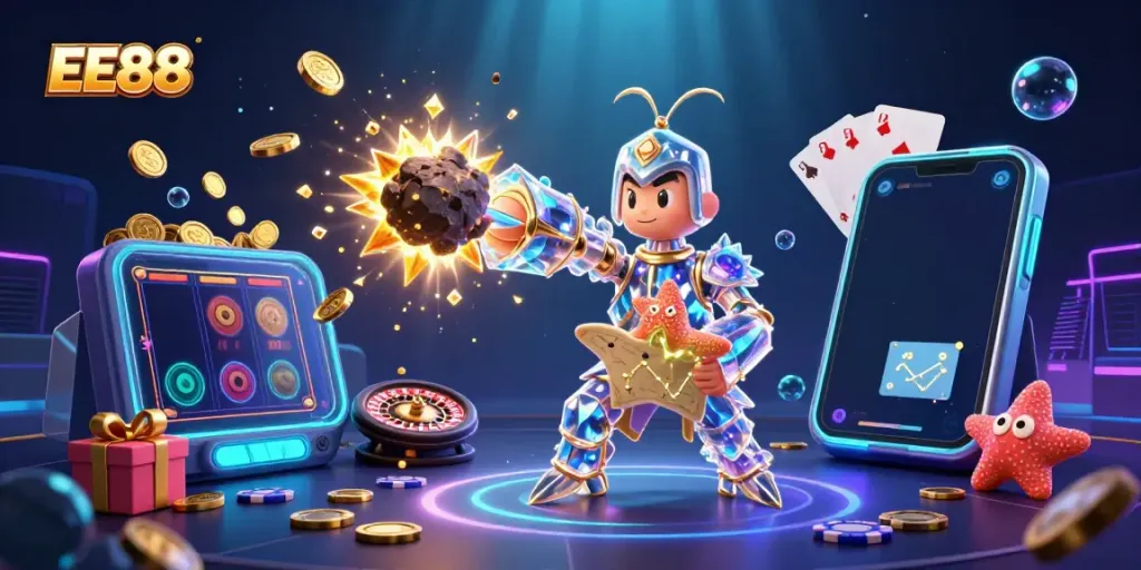 Experience EE88's exciting online gaming with our dynamic 3D illustration showcasing vibrant gambling elements.