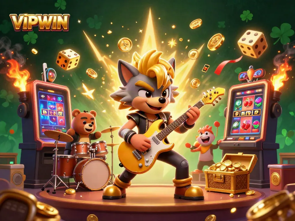 VIPWIN showcases thrilling gameplay with a rock star wolf and drummer bear in a vibrant 3D casino setting.