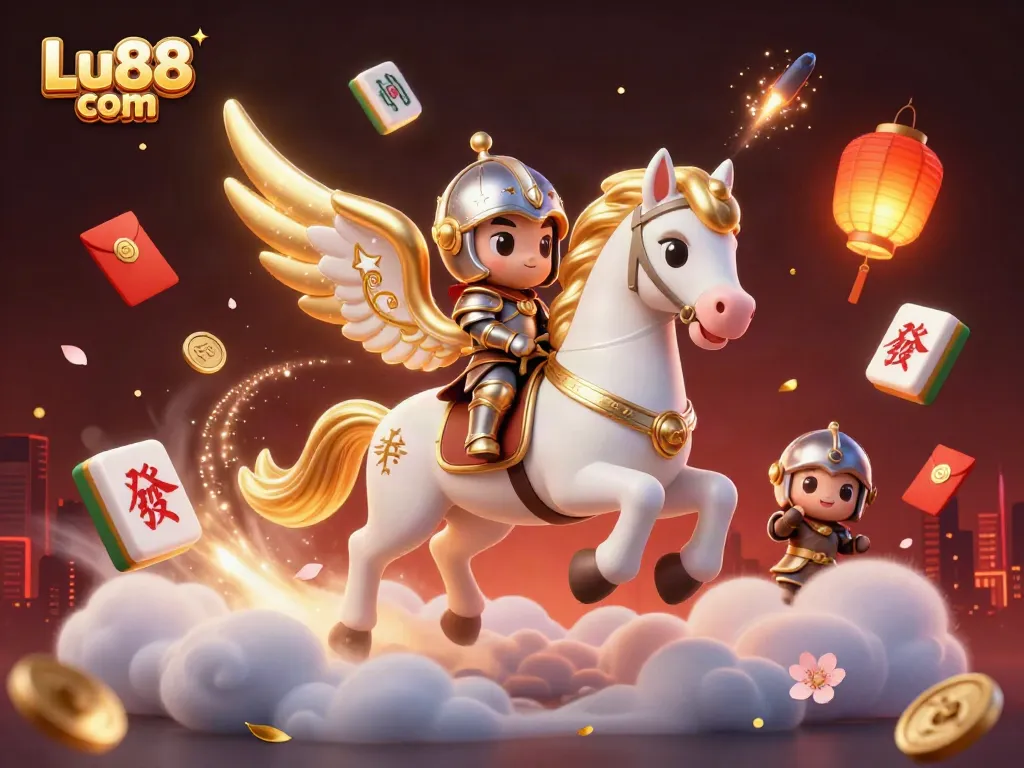 Engage in thrilling gameplay at Lu88 com with a celestial horse and cute knight amid festive gaming elements.