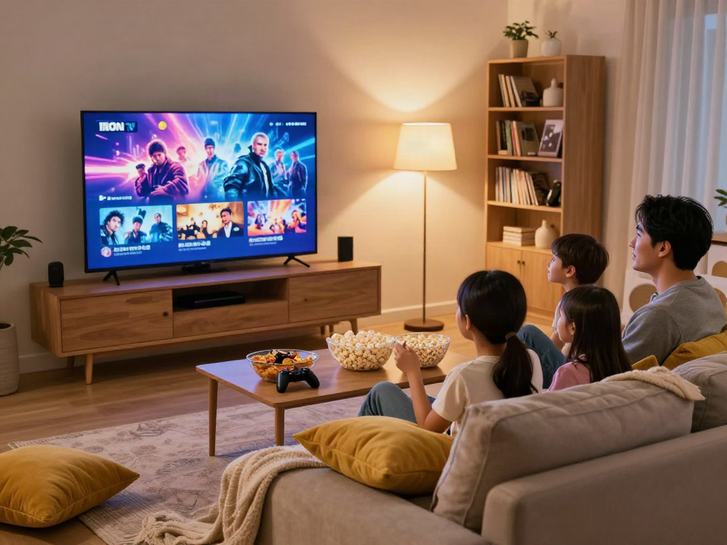Une famille profitant de la soirée cinéma avec Iron tv dans un salon accueillant.