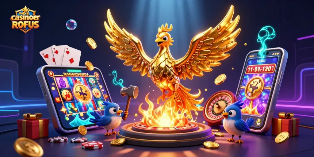 Play exciting casinoer uden ROFUS with golden symbols and vibrant gaming elements.