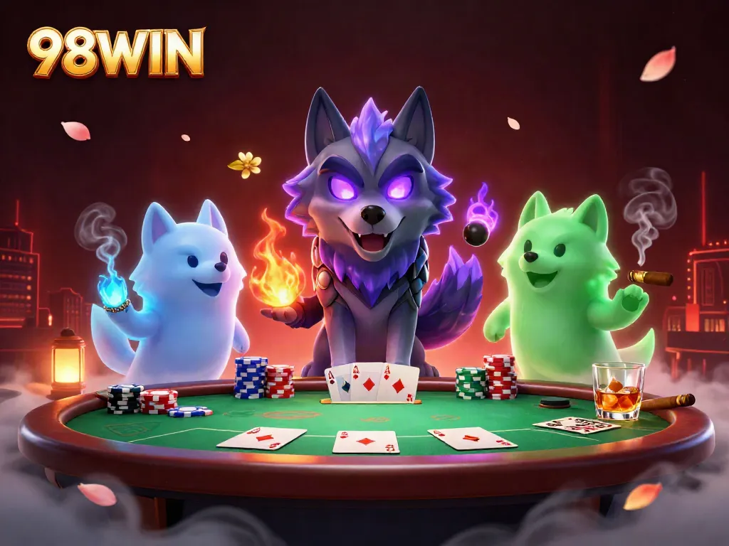 Experience the thrill of 98WIN with a dazzling casino scene featuring wolves and poker elements.
