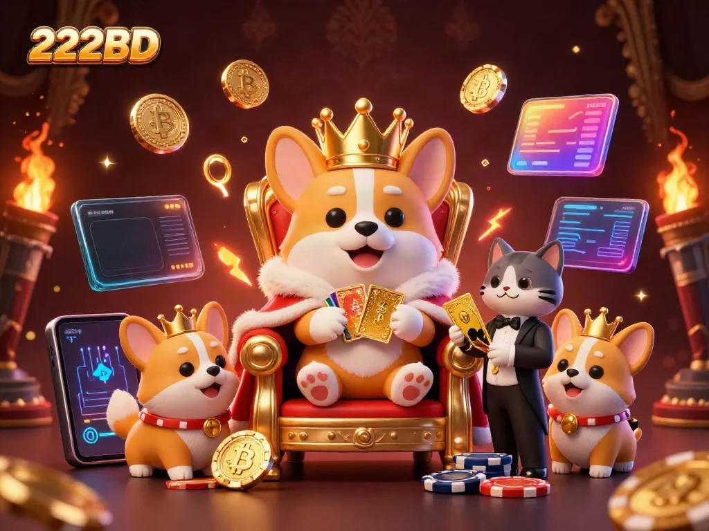Play exciting games at 222BD with a vibrant 3D casino scene featuring royal characters.