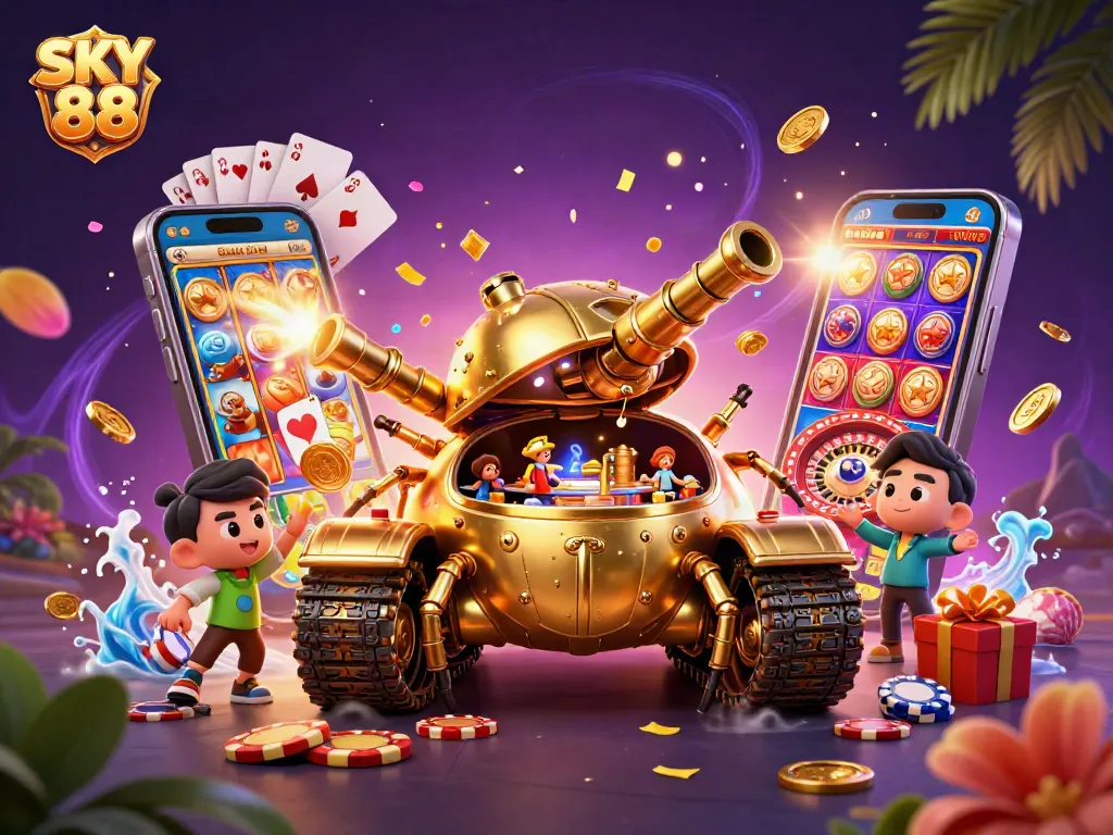 Experience exciting gaming adventures with SKY 88 in this vibrant 3D casino illustration.