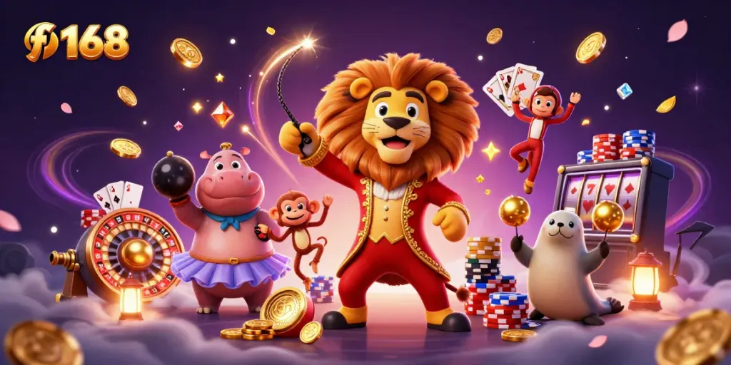 Join the action at f 168 with a lively 3D circus scene featuring colorful gambling elements and characters.