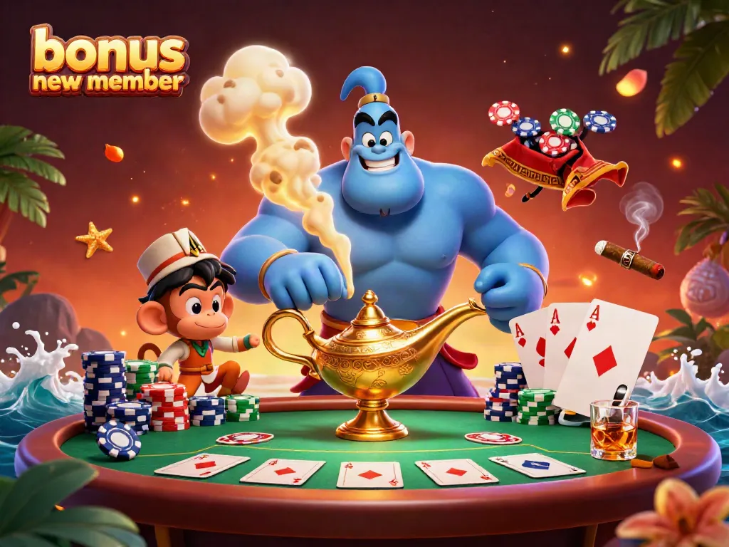 Experience the exhilarating bonus new member offer at our casino with a vibrant 3D illustration of a genie, poker chips, and the excitement of winning!