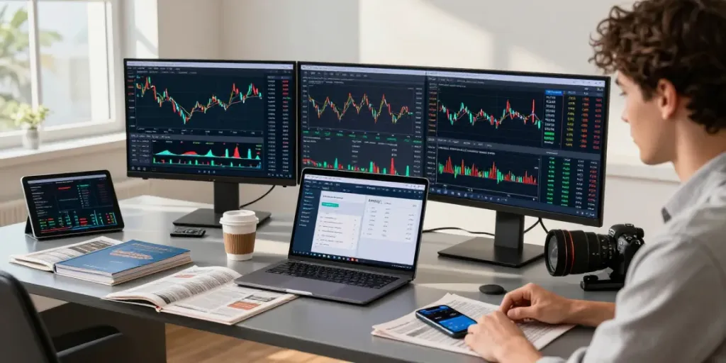 Couponeau : espace de travail moderne avec un trader analysant des marchés financiers et utilisant des outils d'automatisation.