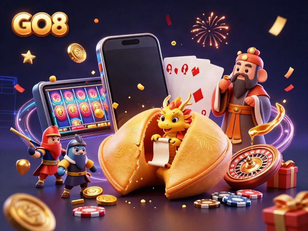 GO8's vibrant casino adventure with golden fortune cookie and slot games generating excitement.