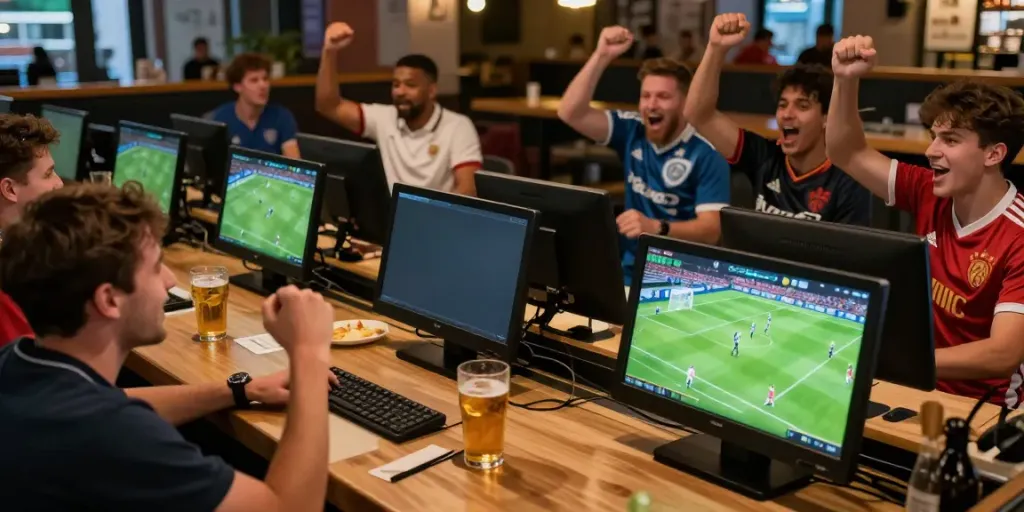 Energetische sfeer van pronostic voet in een sportbar met fans die een doelpunt vieren.