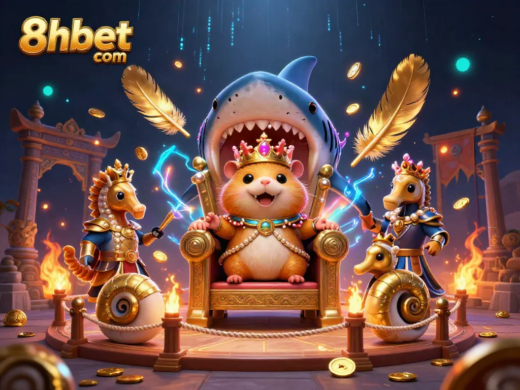 Engage with the vibrant environment of 8xbet com, showcasing a golden hamster king amidst a thrilling underwater casino scene.