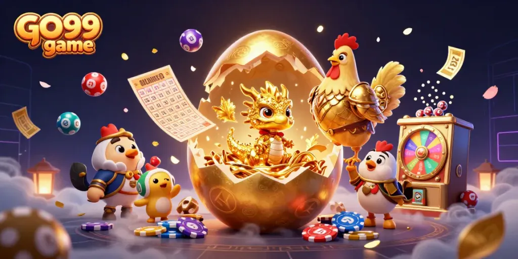 Experience thrilling wins with GO99 game as golden dragon guards the poker chips in a vibrant casino scene.