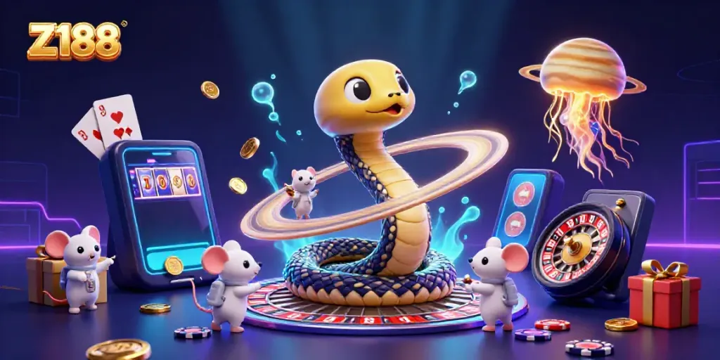 Experience the thrilling Z188 casino adventure with cosmic characters and vibrant gaming elements.