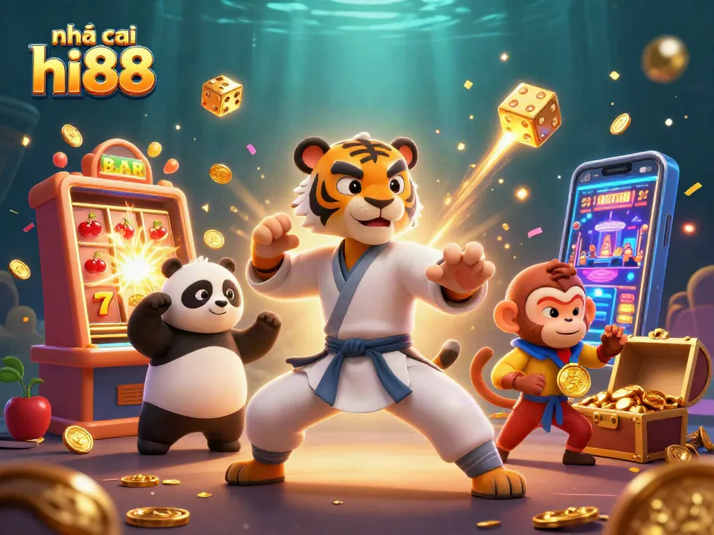Engage with nhà cái hi88 through a vibrant 3D casino scene featuring classic games and lively characters.