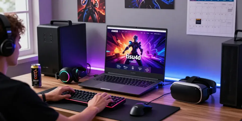 Pengguna platform tisu4d yang terlibat dalam permainan online dengan laptop, perangkat gaming dan suasana modern.
