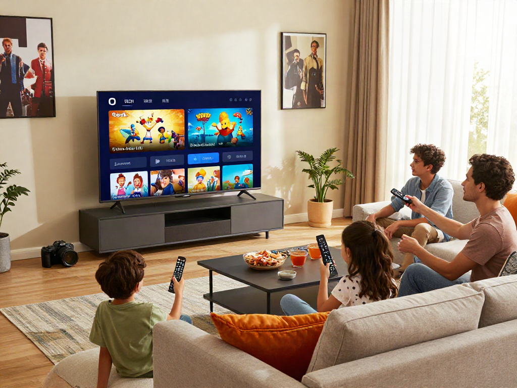 Family enjoying Iron TV with interactive streaming content in a bright, cozy living room.