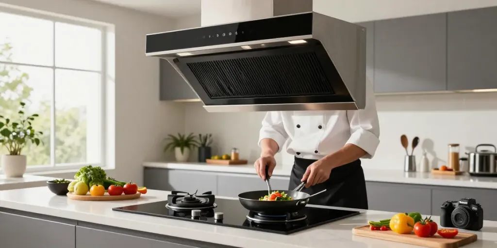 Hotte inclinée moderne dans une cuisine lumineuse avec un chef cuisinant.
