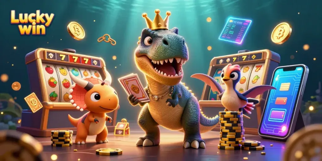 Experience the thrill of the Lucky win with a dinosaur-themed casino scene full of vibrant characters and engaging game elements.