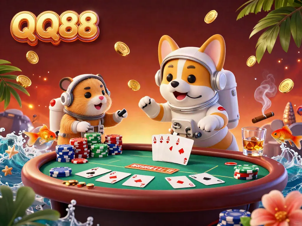 Experience the dynamic action of QQ88 in an ultra-detailed 3D casino scene with gambling excitement.