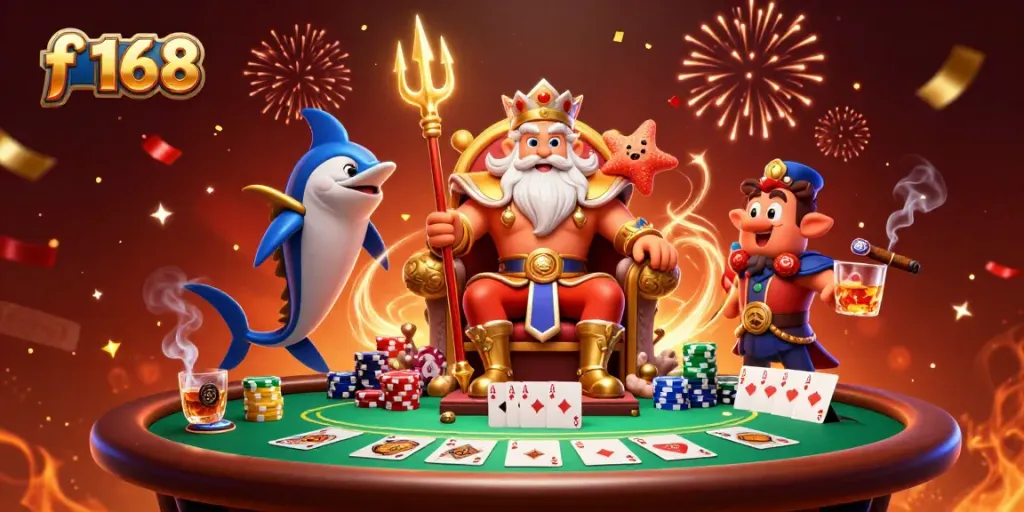 Experience the thrill of f 168 with Neptune and samurai at a vibrant poker table, showcasing winning hands.
