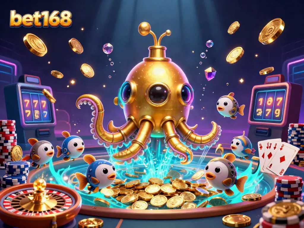 Experience the excitement of bet168 in this vibrant underwater casino scene filled with golden coins and dynamic gaming elements.