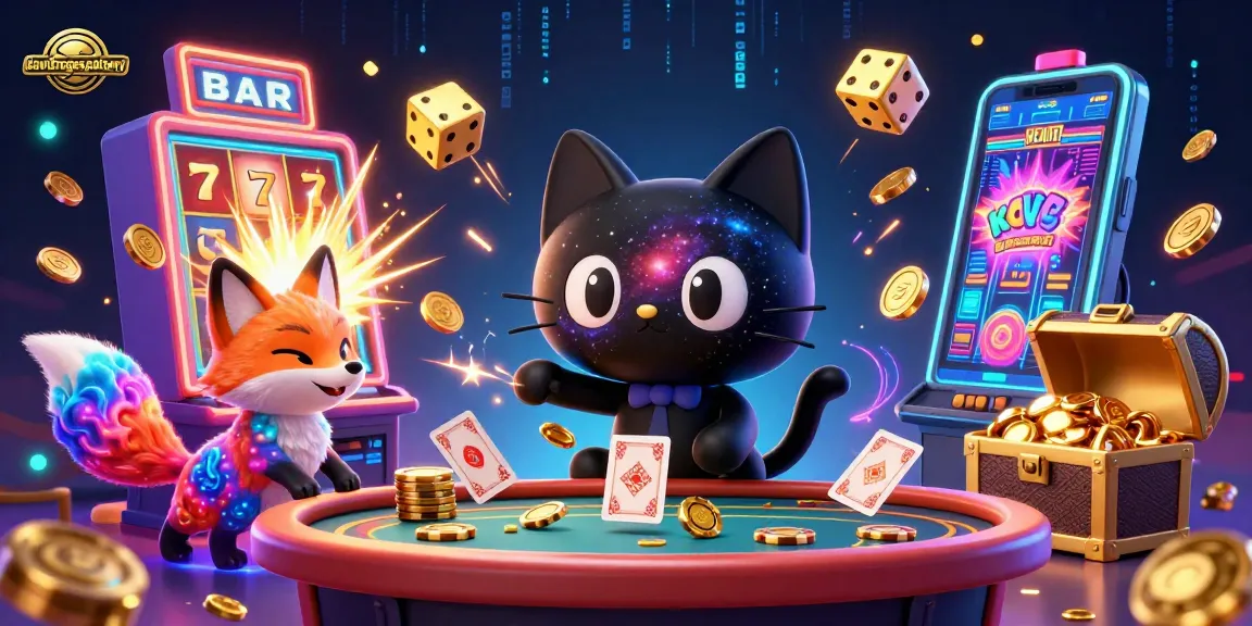 Engage with davidrogerspottery's cosmic casino featuring a black hole cat and a nebula fox amidst winning jackpots.