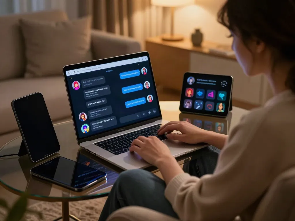 Engaging with nsfw ai character chat on a sleek laptop in a cozy setting.