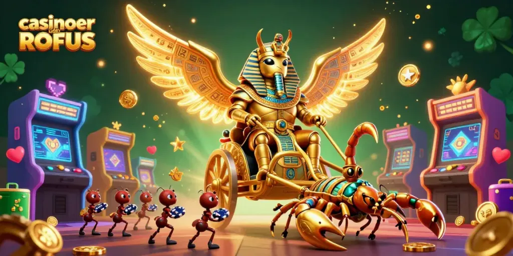 Engage with casinoer uden ROFUS through a vibrant 3D gaming scene depicting a golden scarab and jewel-encrusted scorpions.