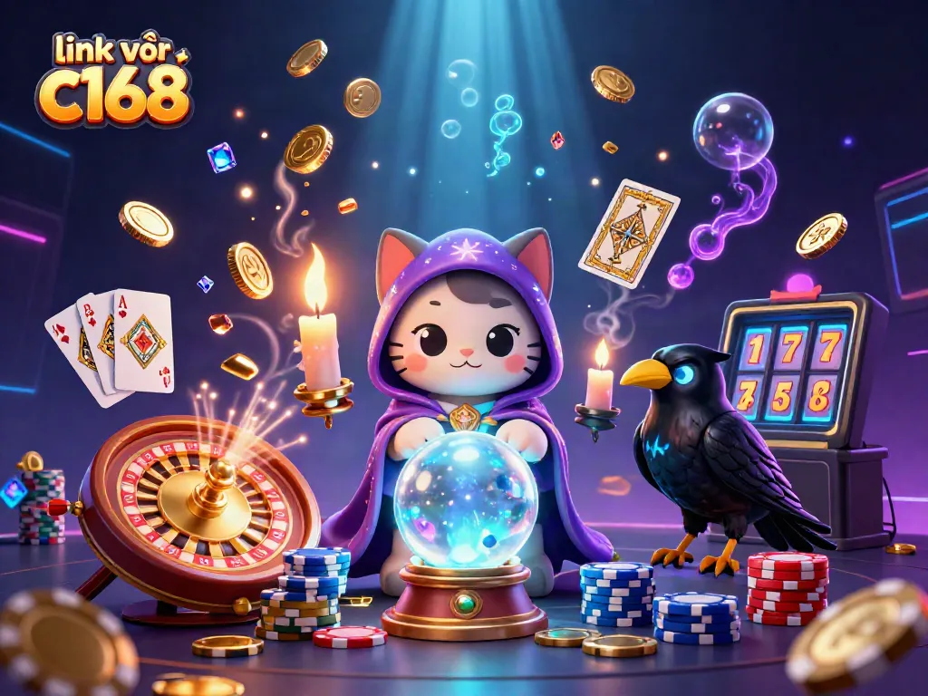 Experience the magic of link vào c168 with a dynamic 3D scene filled with vibrant casino elements.