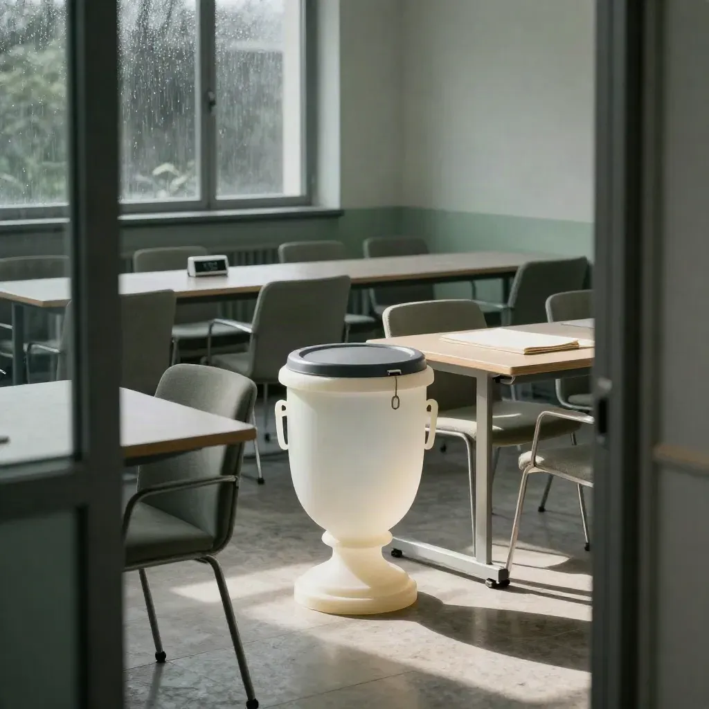 Salle municipale de consultation avec urne neutre, chaises vides et lumière rasante après la pluie.