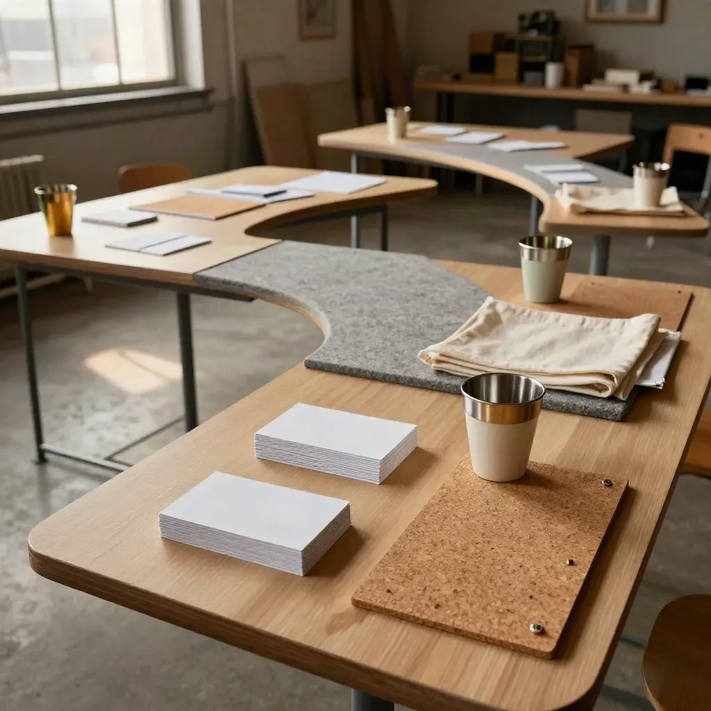 Vue plongeante d’un atelier associatif avec cartes de facilitation, panneaux acoustiques et gobelets.
