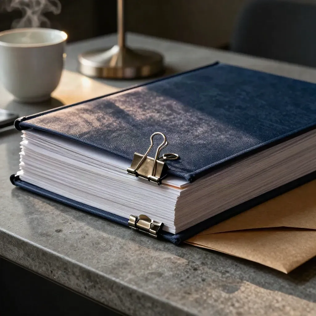 Dossier relié, intercalaires, pinces métalliques et tasse refroidie sur une table de réunion.