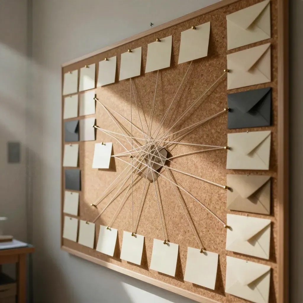 Tableau de cartographie des acteurs avec fils tendus, punaises et enveloppes sur fond ivoire.