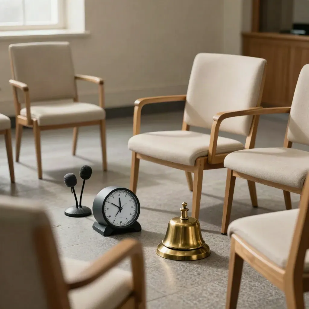 Cercle de parole vide avec minuteur, cloche, micros bas et coussin déplacé.