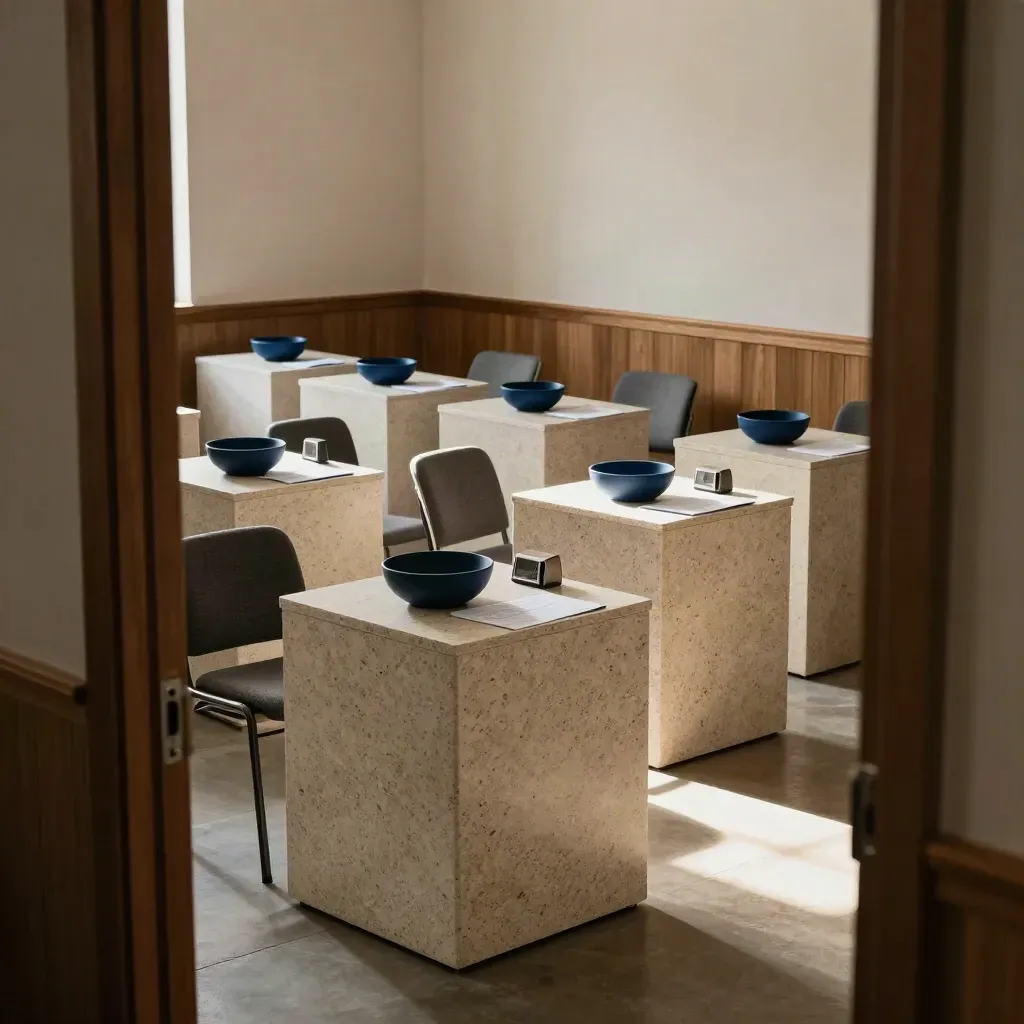 Six postes de travail modulaires en diagonale dans une salle municipale, vus en plongée depuis une porte.