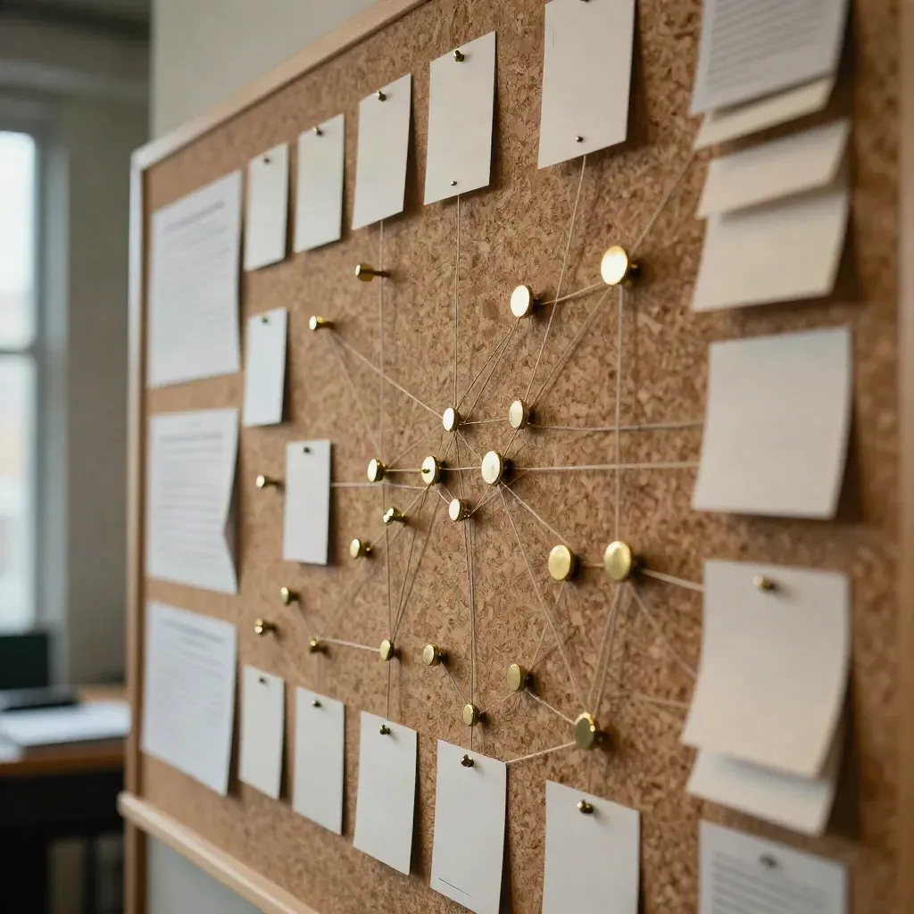 Mur d’atelier avec punaises, fils tendus et cartes retournées, lumière de fenêtre.