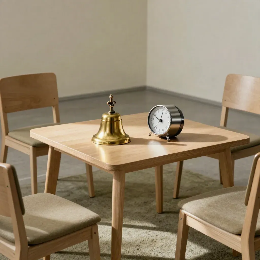 Cercle de chaises vides, cloche et minuteur sur table basse, avant l’ouverture du débat.