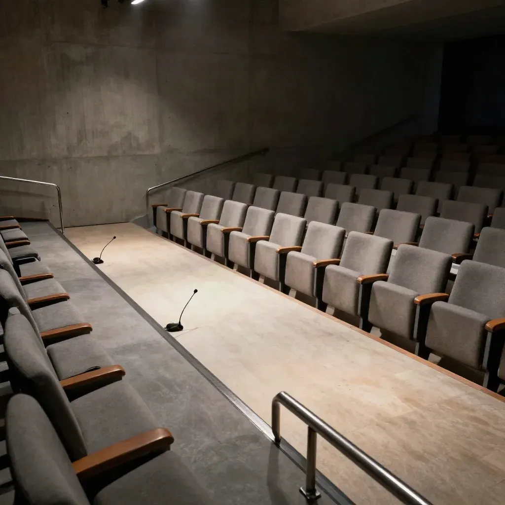 Salle de débat vide vue en hauteur, scène discrète, micros et halo de lumière, atmosphère solennelle.