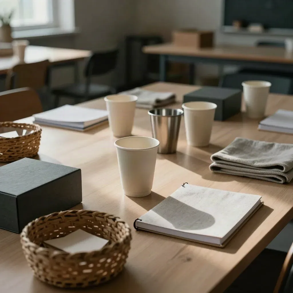 Table associative en préparation avec gobelets réutilisables, boîtes de jetons et paniers en lumière du soir.