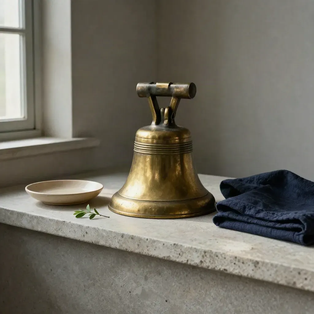 Cloche de séance en laiton, rameau vert, coupelle en céramique et linge plié sur pierre.