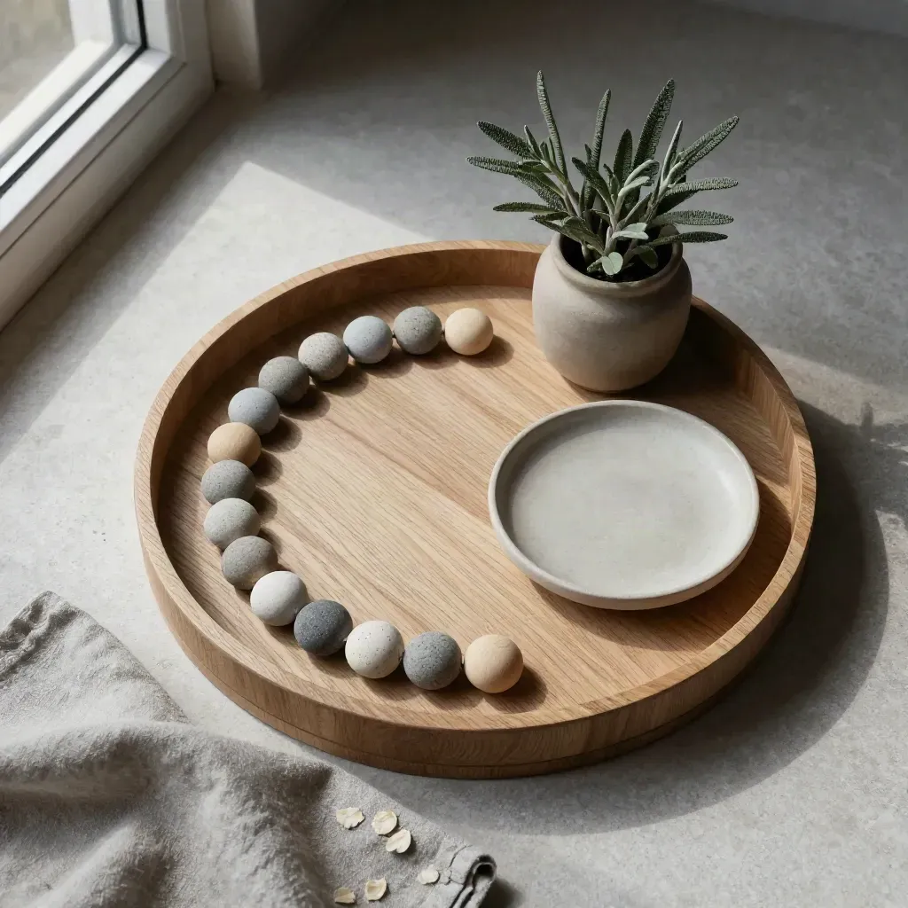 Plateau circulaire en bois clair, jetons de parole, plante et céramique sur linge neutre.
