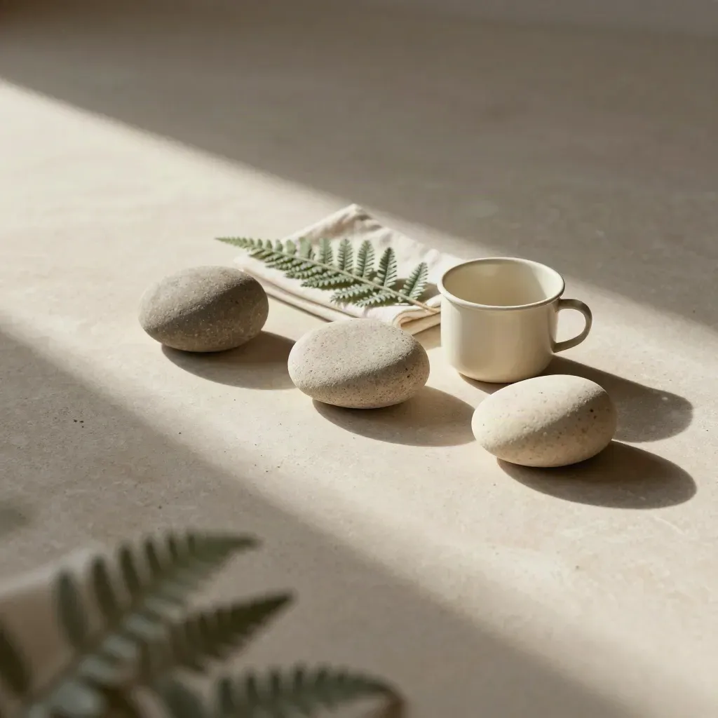 Trois pierres de parole, une tasse émaillée, un linge plié et une fougère sur fond clair.