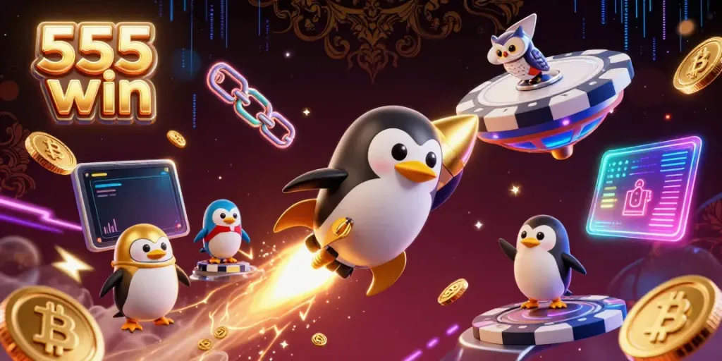 Experience the excitement of 555 win with a golden penguin blasting towards a casino-themed space in a vibrant 3D scene.