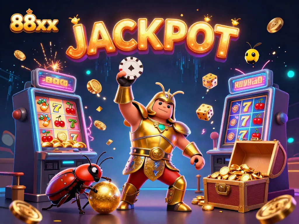 Experience thrilling jackpots with 88xx as a triumphant beetle raises a poker chip in a vibrant casino setting.