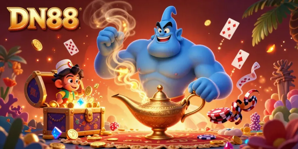 Engage with DN88 through an enchanting scene of a genie, monkey, and poker chips, reflecting online gambling excitement.