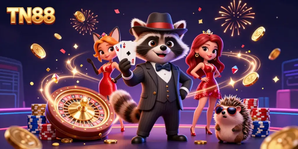 Experience the excitement of TN88 with a dynamic casino scene featuring vibrant characters and gaming elements.