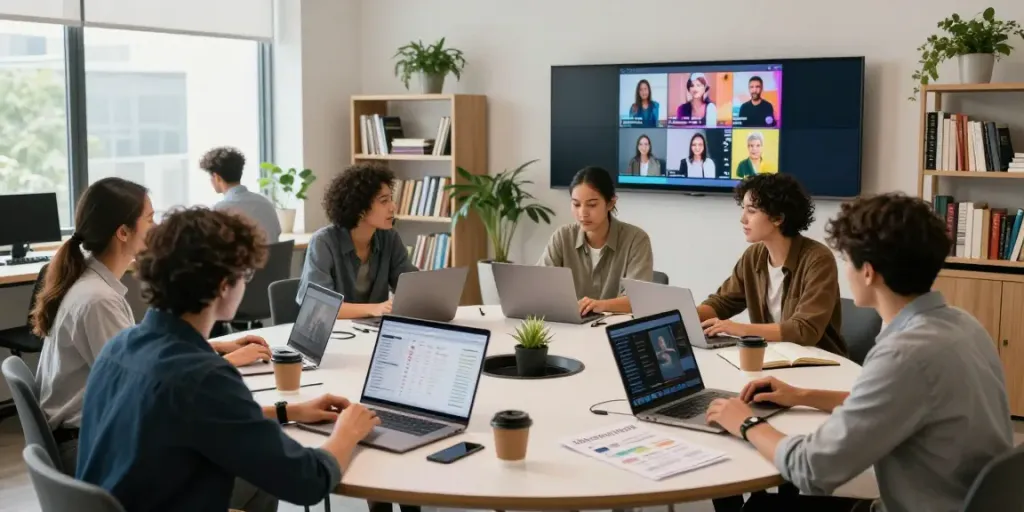 Engaging workspace with young professionals discussing strategies to buy likes for social media growth.