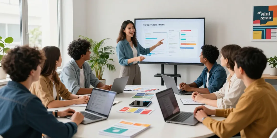 Scène de conseil en orientation professionnelle avec des fiches métiers présentées à un groupe diversifié.