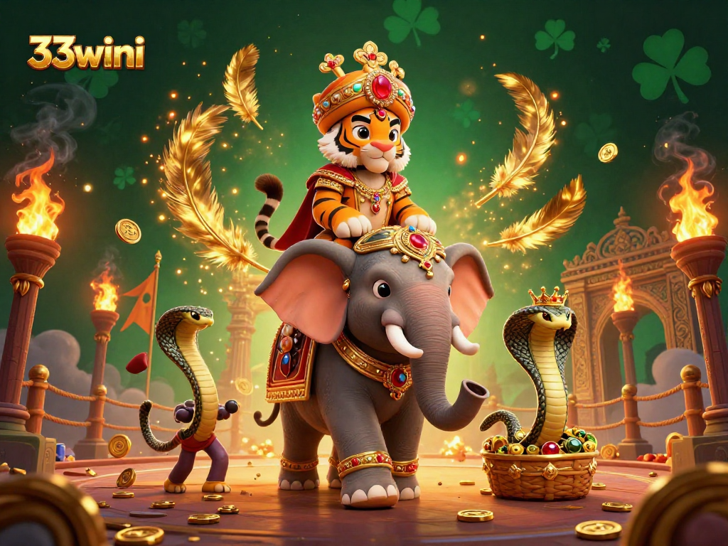 Experience thrilling gameplay at 33wini with a vibrant 3D casino scene featuring a maharaja and elephant.