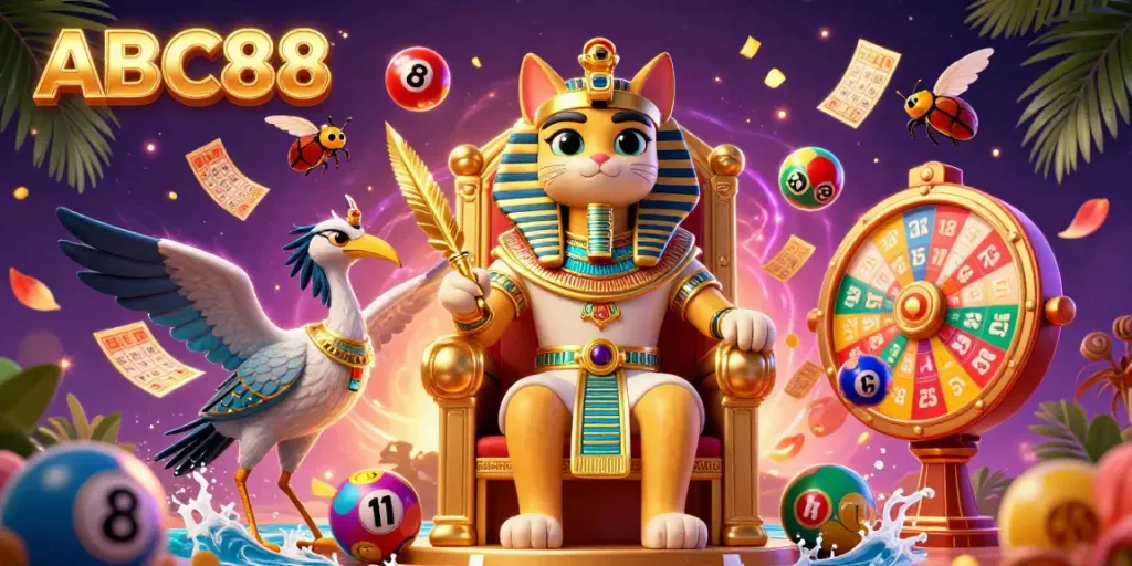 Experience vibrant energy at ABC88 with a dynamic casino scene featuring Egyptian-themed characters and lottery elements.